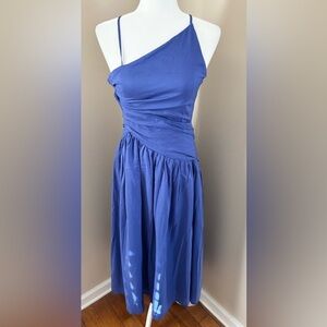 INA Boutique Blue Linen Cotton Backless Strappy Asymmetrical Neckline Midi Dress
